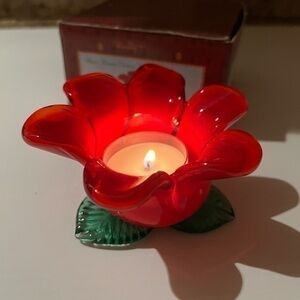 Young’s 2004 Red Glass Flower Tea Light Holder Candle Holder